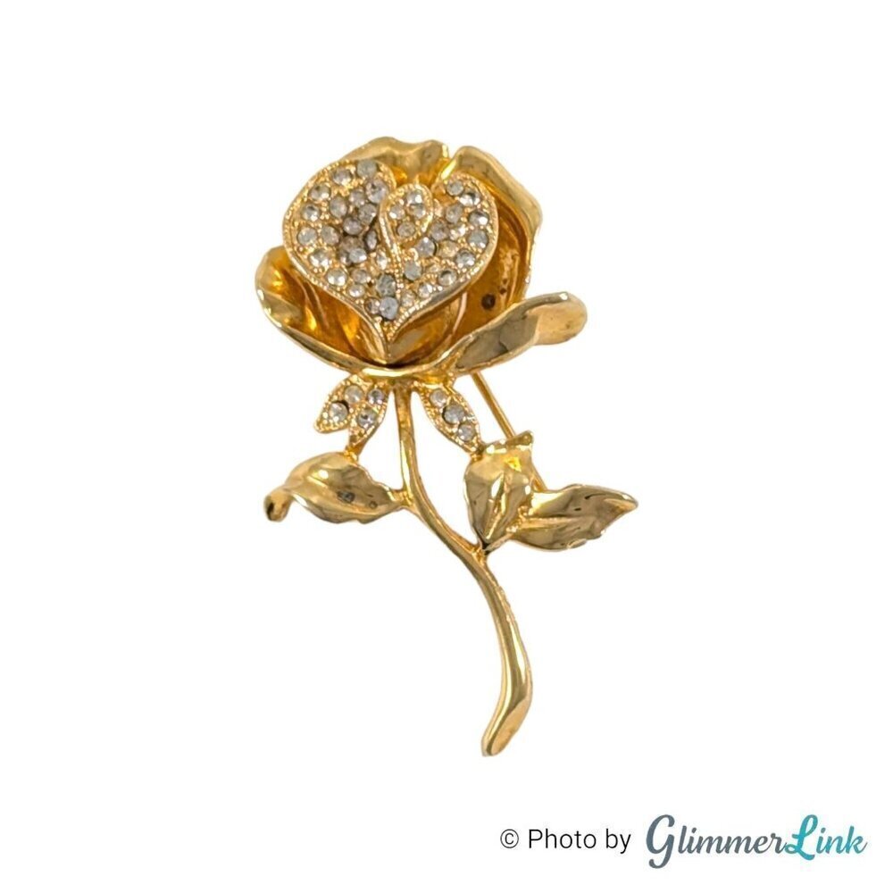 Vintage Rose Flower Pave Rhinestone Crystal Gold Tone Brooch Pin